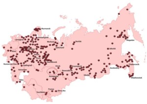 A map of the Gulag camp system in the Soviet Union. Indicated in red: The camp Akmolinsk Camp for Wives of Traitors of the Motherland. Source: Wikimedia Commons, License CC0, NordNordWest. Link: https://de.wikipedia.org/wiki/Gulag#/media/File:Gulag_location_map_de.svg 