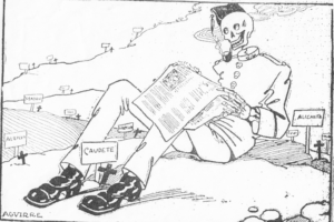 A cartoon of the Soldado de Nápoles (Naples Soldier), which was a metaphor for the Spanish flu in Spain. Artist: Lorenzo Aguirre. Newspaper: El Fígaro, 25.09.1918. (Public Domain)