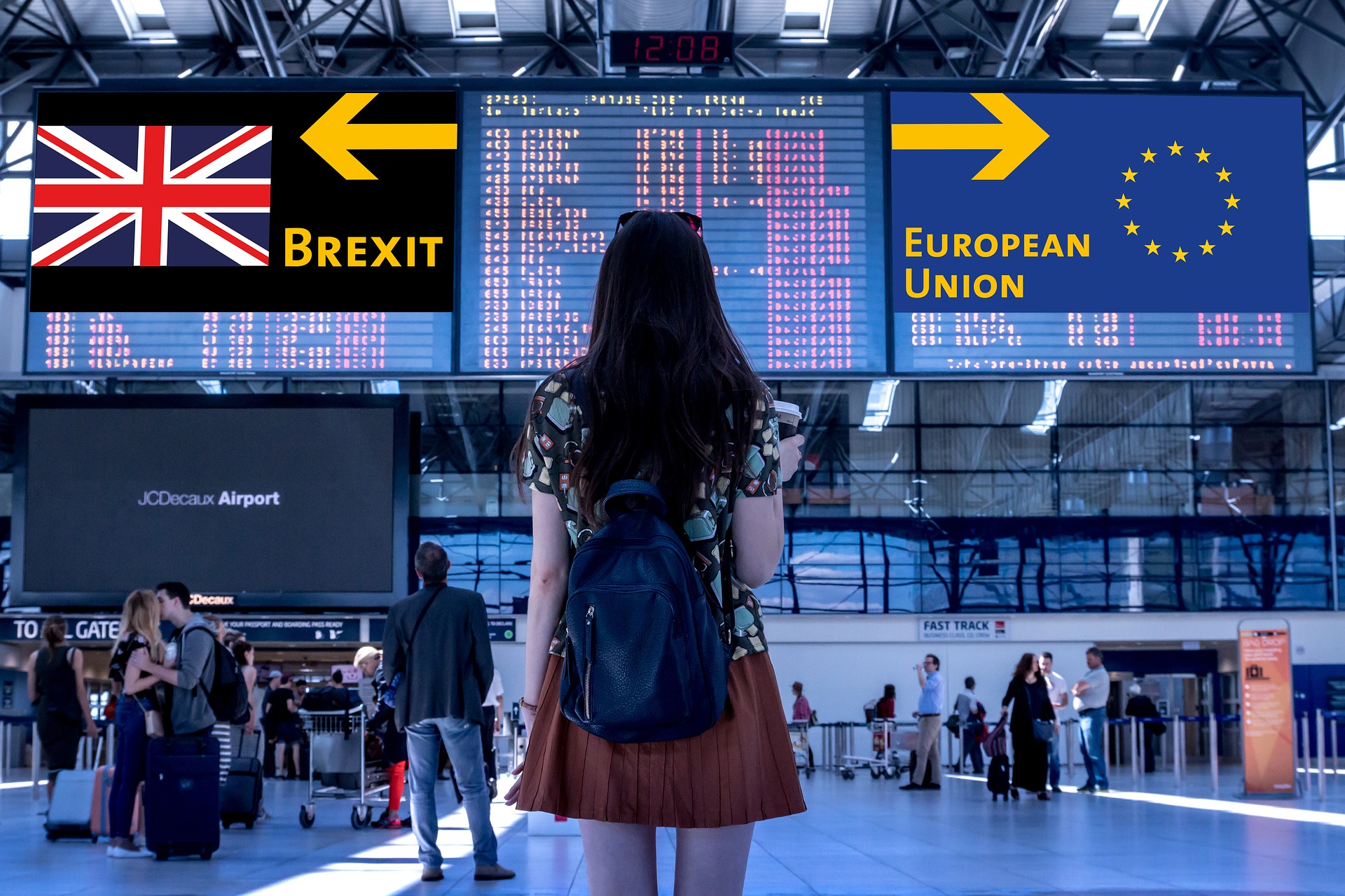 Girl in front of 2 banners indicating EU or Brexit?