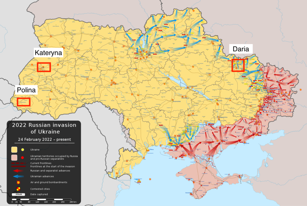 Map of Ukraine showing Russian military attacks on 24th February 2022