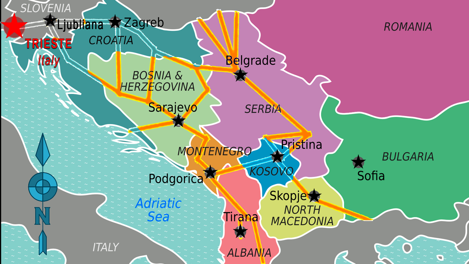 A map of the Balkan route, which takes place between the countries of Bulgaria, Macedonia, Kosovo, Serbia, Albania, Montenegro, Bosnia & Herzegovina and Croatia.