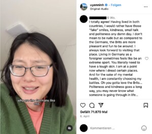 Screenshot of Uyen Ninh's reel on Instagram where she speaks about the difference between Germans and Brits.