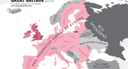 A map of Europe filled with stereotyped attributes for each country.