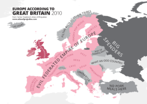 A map of Europe filled with stereotyped attributes for each country.