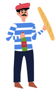 A man dressed stereotypically French, holding a baguette and a wine bottle.